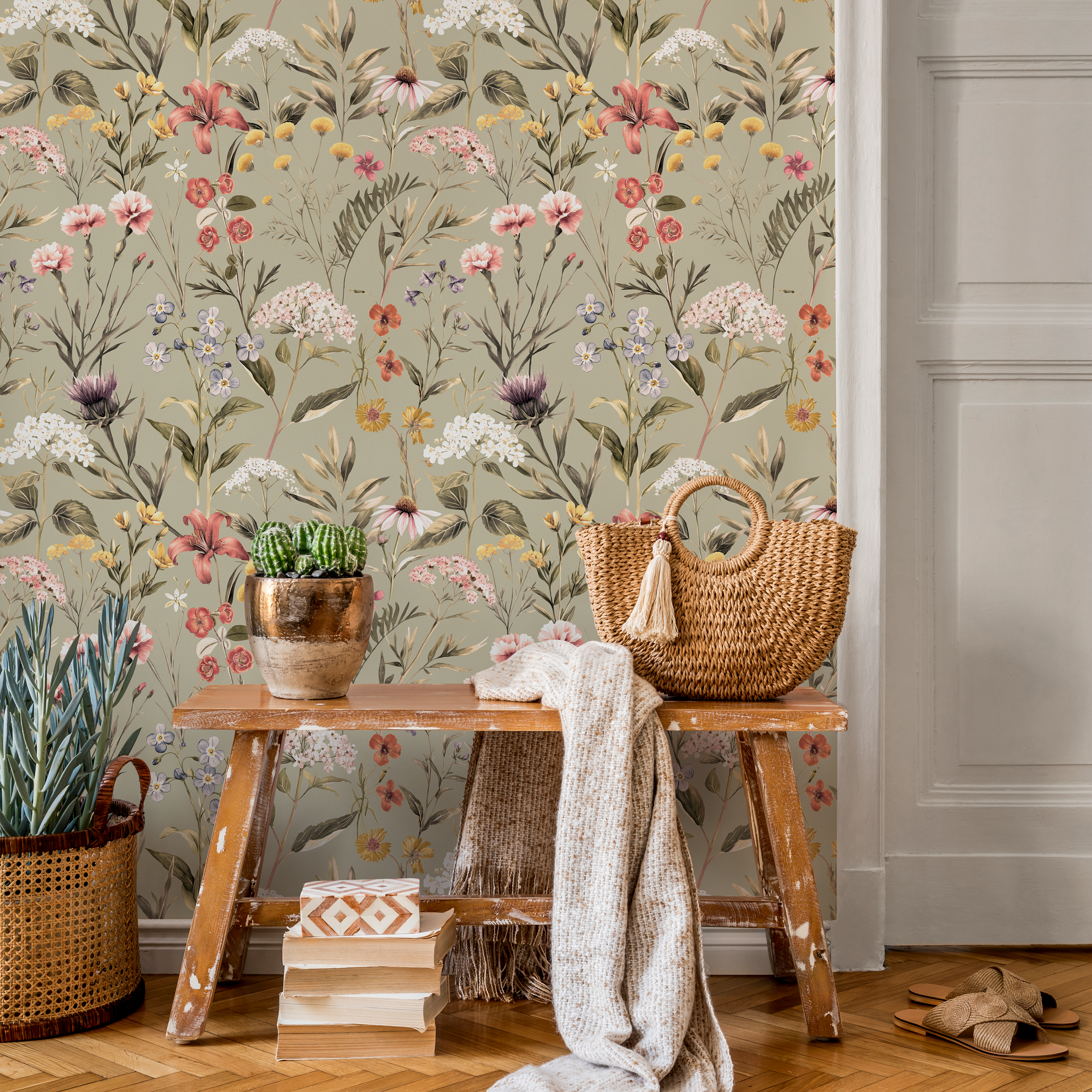 Vintage Green Floral Wallpaper