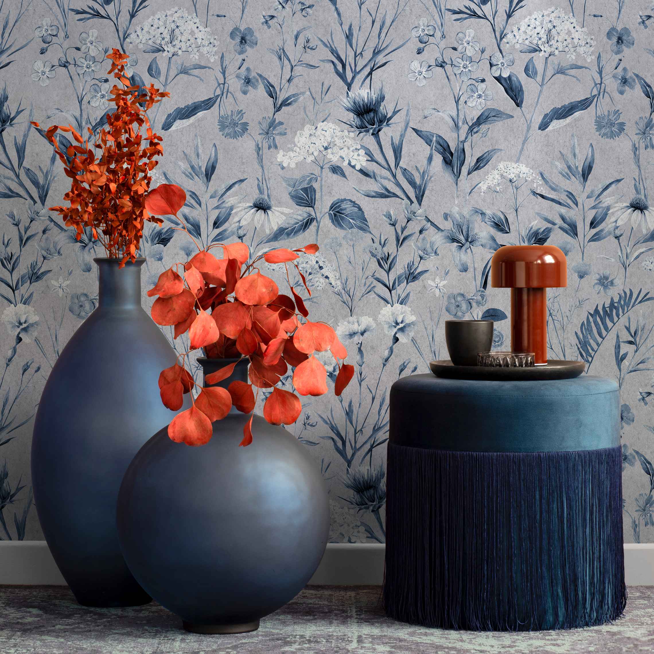 Blue Floral Vintage Wallpaper