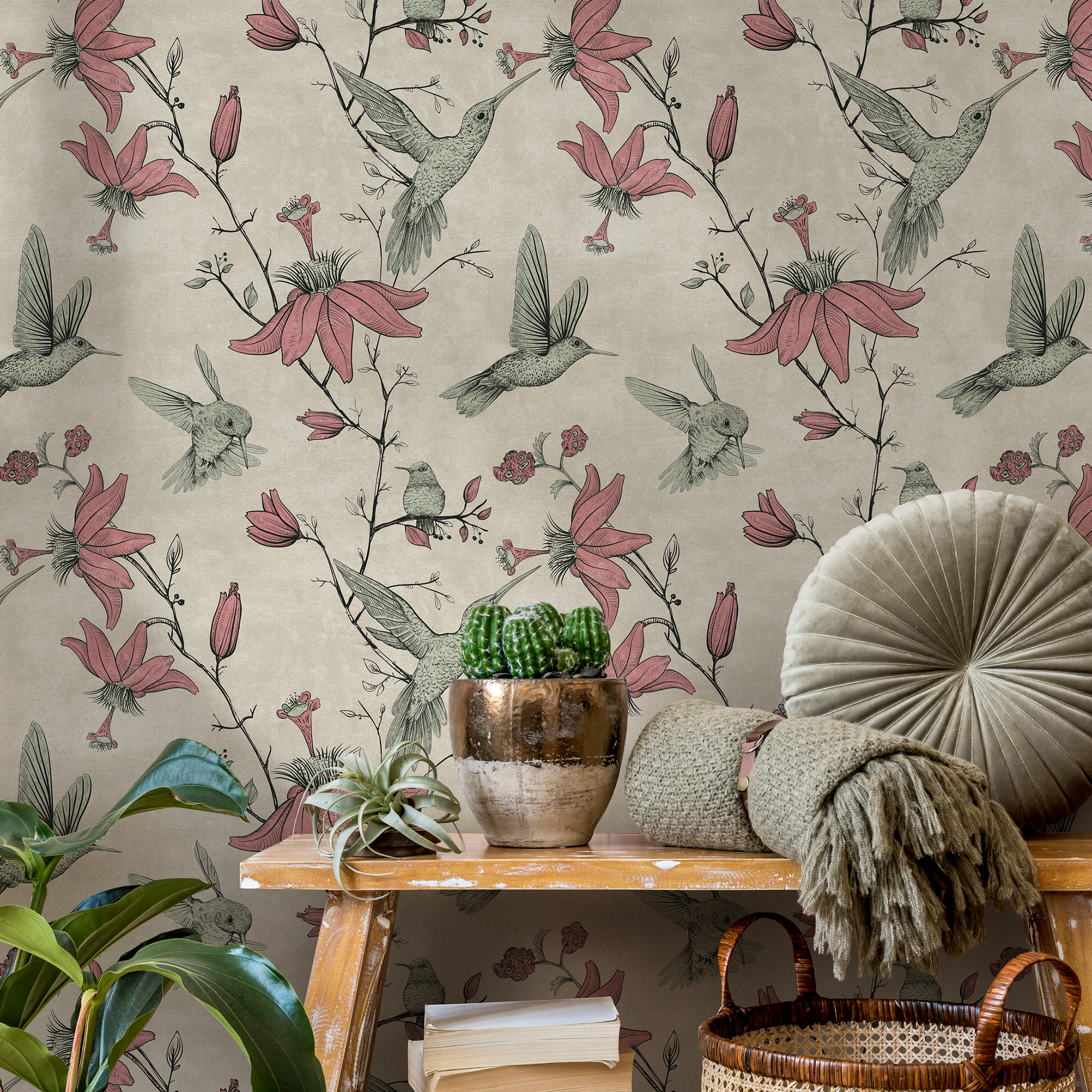 Dusty Pink Bird Peel and Stick Wallpaper