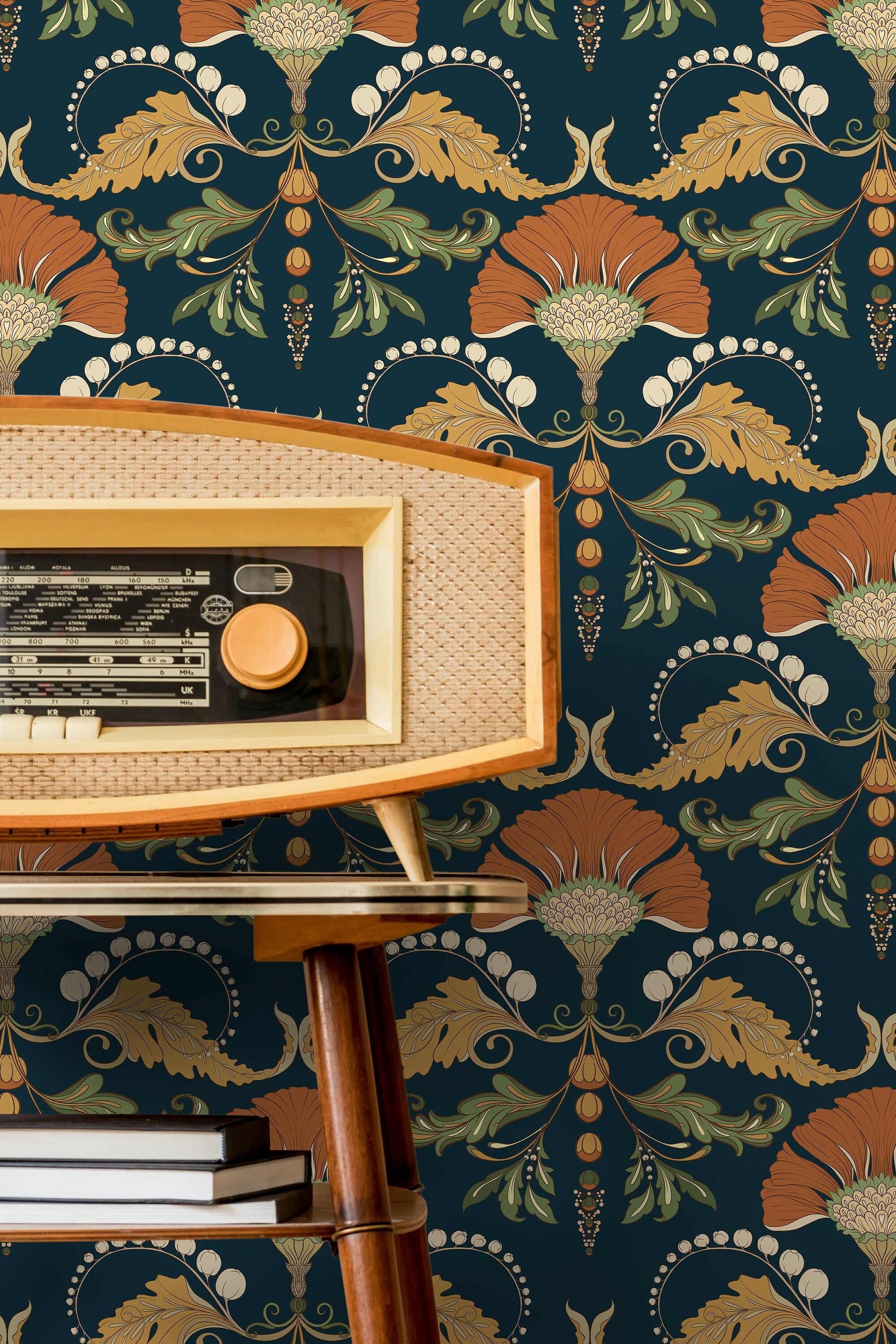 Blue and Gold Damask Wallpaper