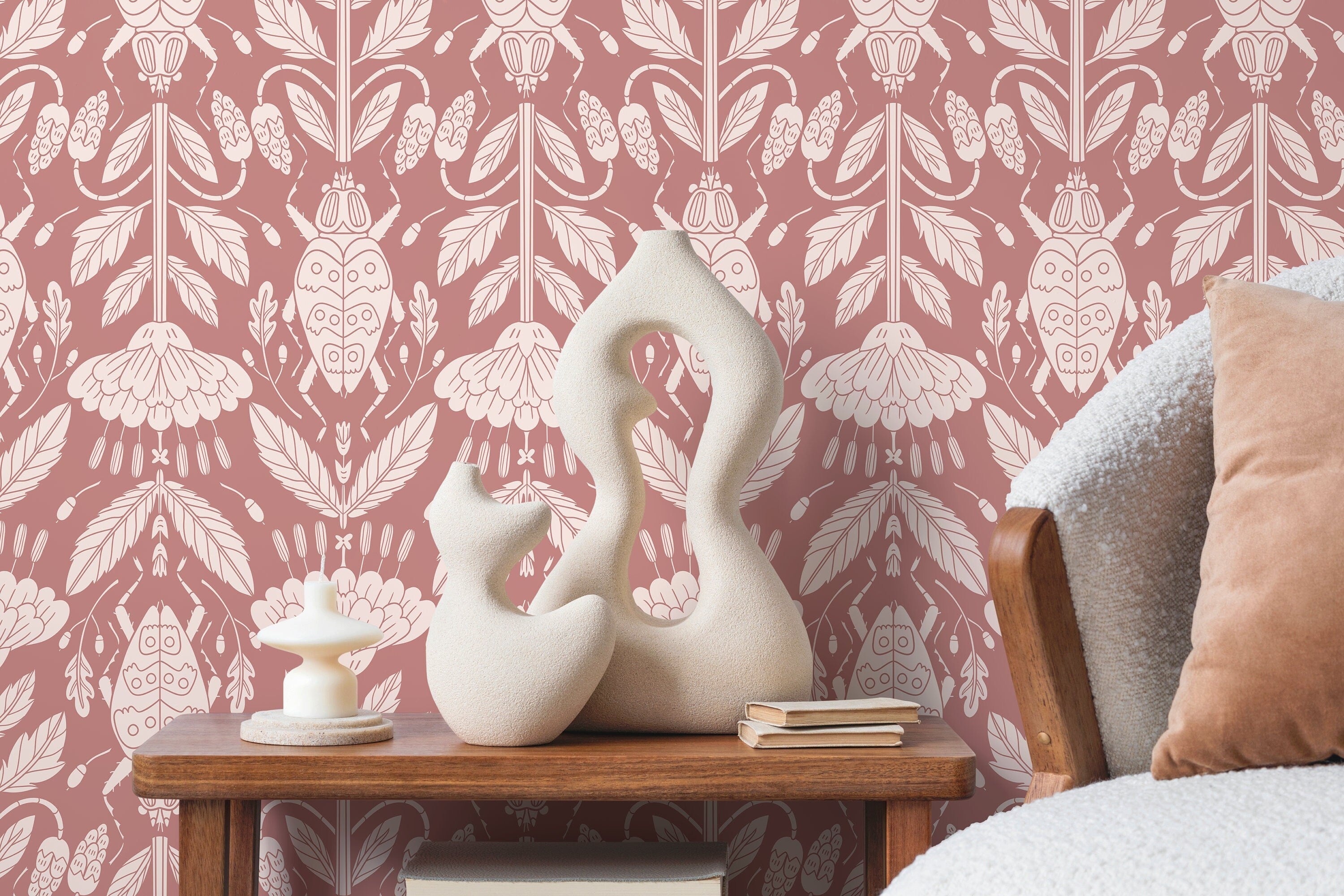 Dusty Pink Damask Peel and Stick Wallpaper