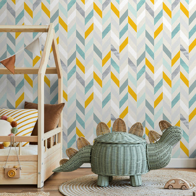 Blue and Yellow Herringbone Wallpaper