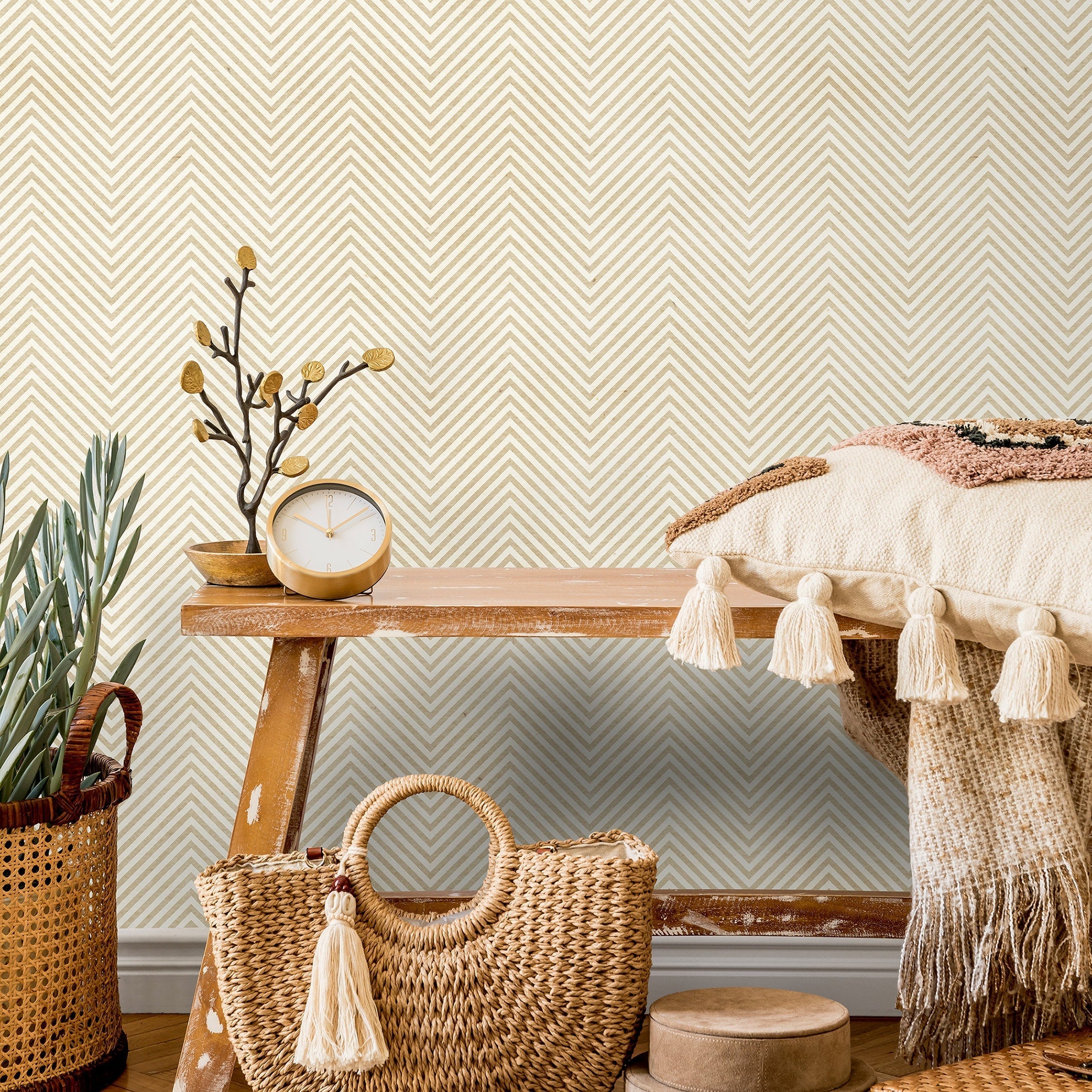 Beige Herringbone Wallpaper