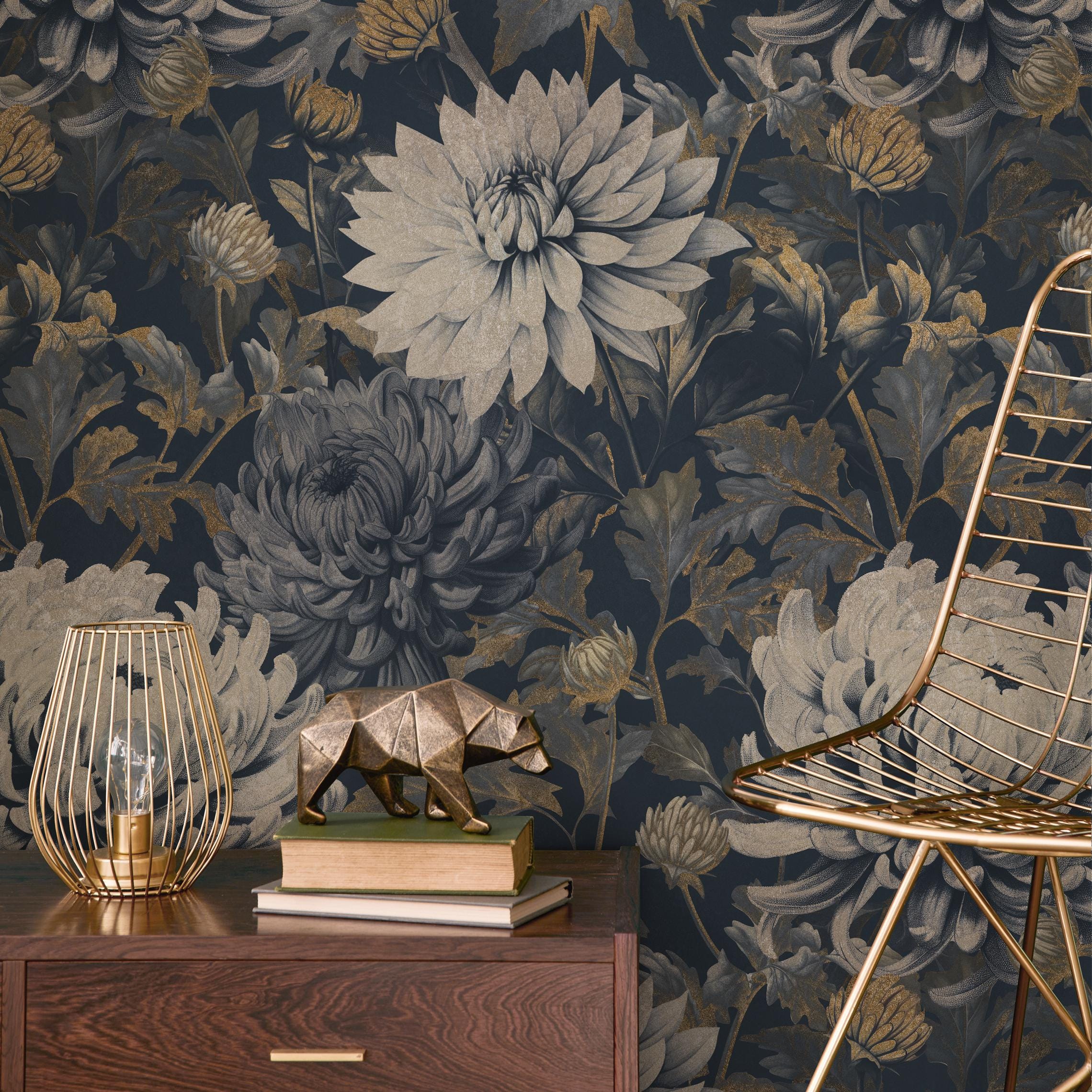 Dark Blue Floral Peel And Stick Wallpaper
