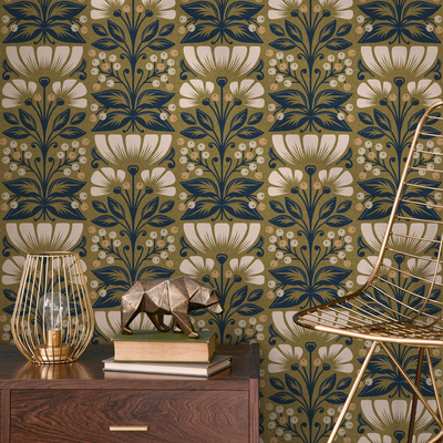 Olive Green Floral Wallpaper