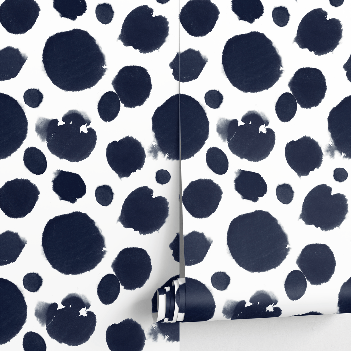 Abstract Wallpaper Featuring Organic Watercolor Spots in Navy Blue - detail view