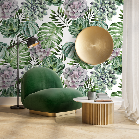 Wallpaper Peel and Stick Wallpaper Removable Wallpaper Home Decor Wall Decor Room Decor / Monstera and Succulent Leaves Wallpaper - A020