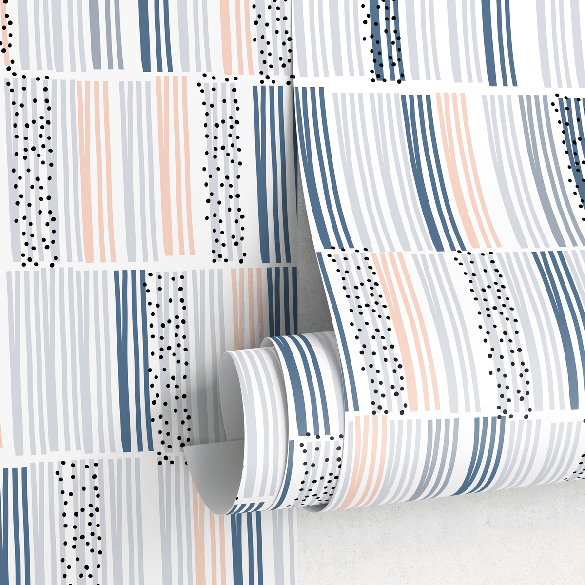 Abstract Wallpaper with Irregular Stripes and Dots in Blue, Gray, and Peach - detail view