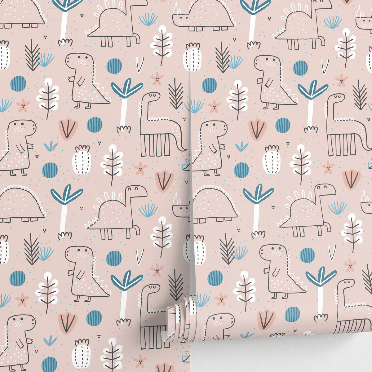 Dinosaur Wallpaper with Hand-Drawn Dinos and Plants in Pink, Blue, and Black - detail view