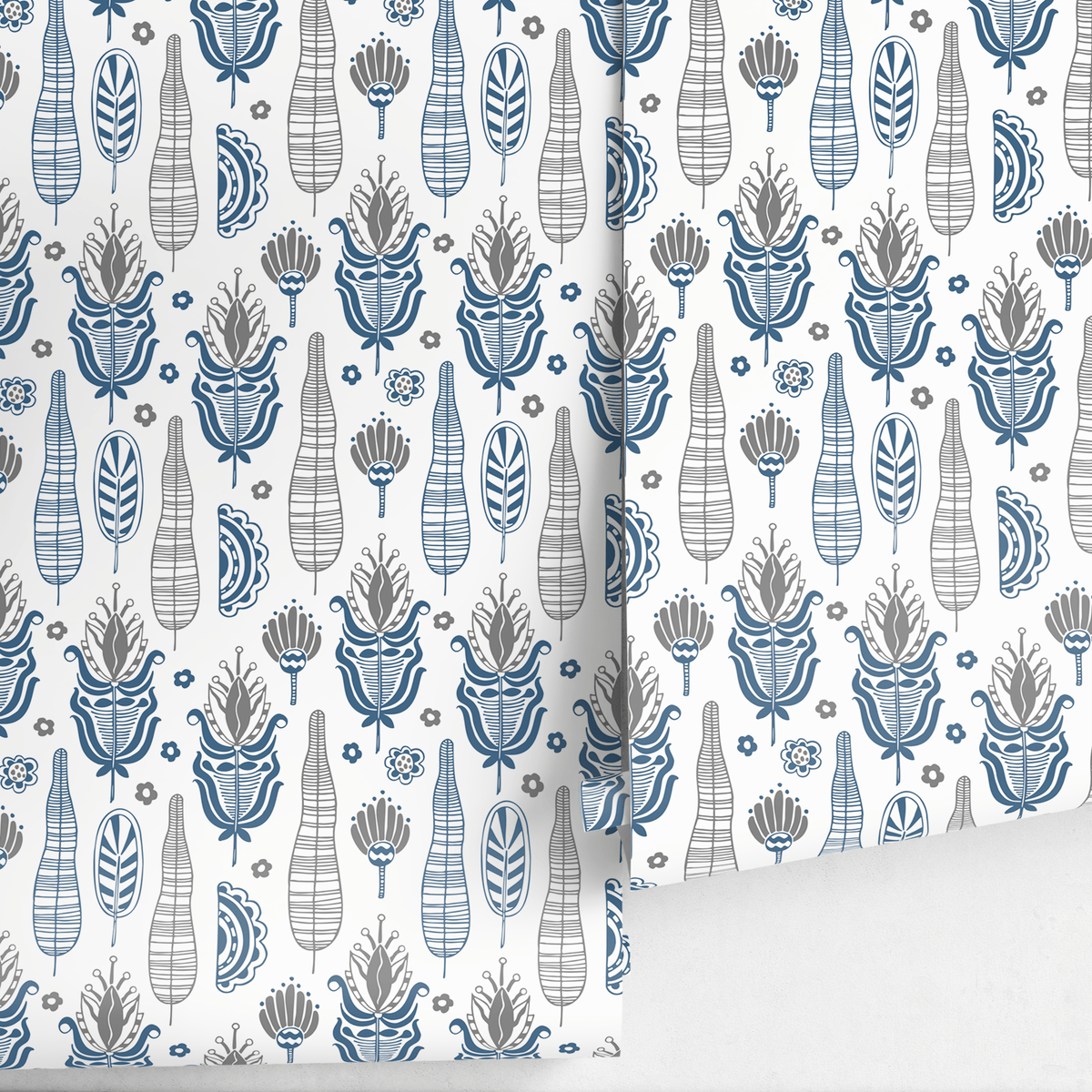 Folk Art Wallpaper with Stylized Floral Motifs in Blue and Gray - detail view