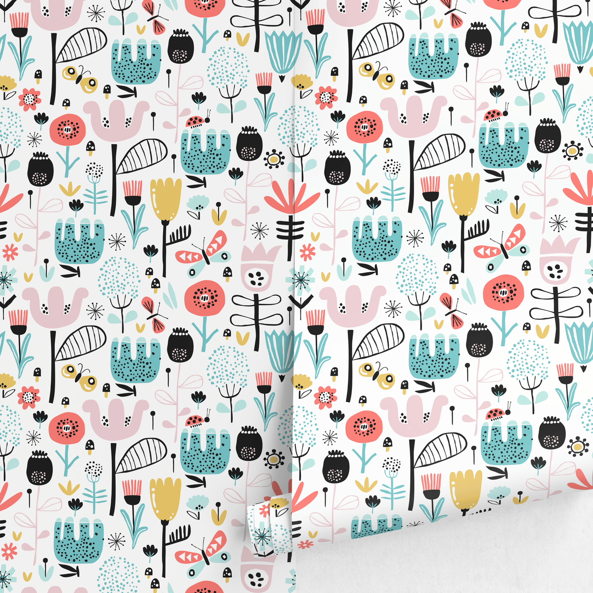 Scandinavian Wallpaper with Folk Art Flowers in Teal, Coral, and Yellow - detail view