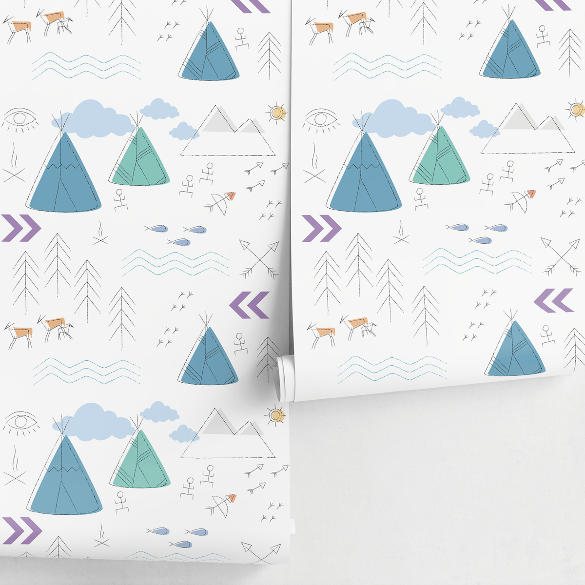 Scandinavian Wallpaper with a Teepee and Mountain Motif in Blue and Teal - detail view