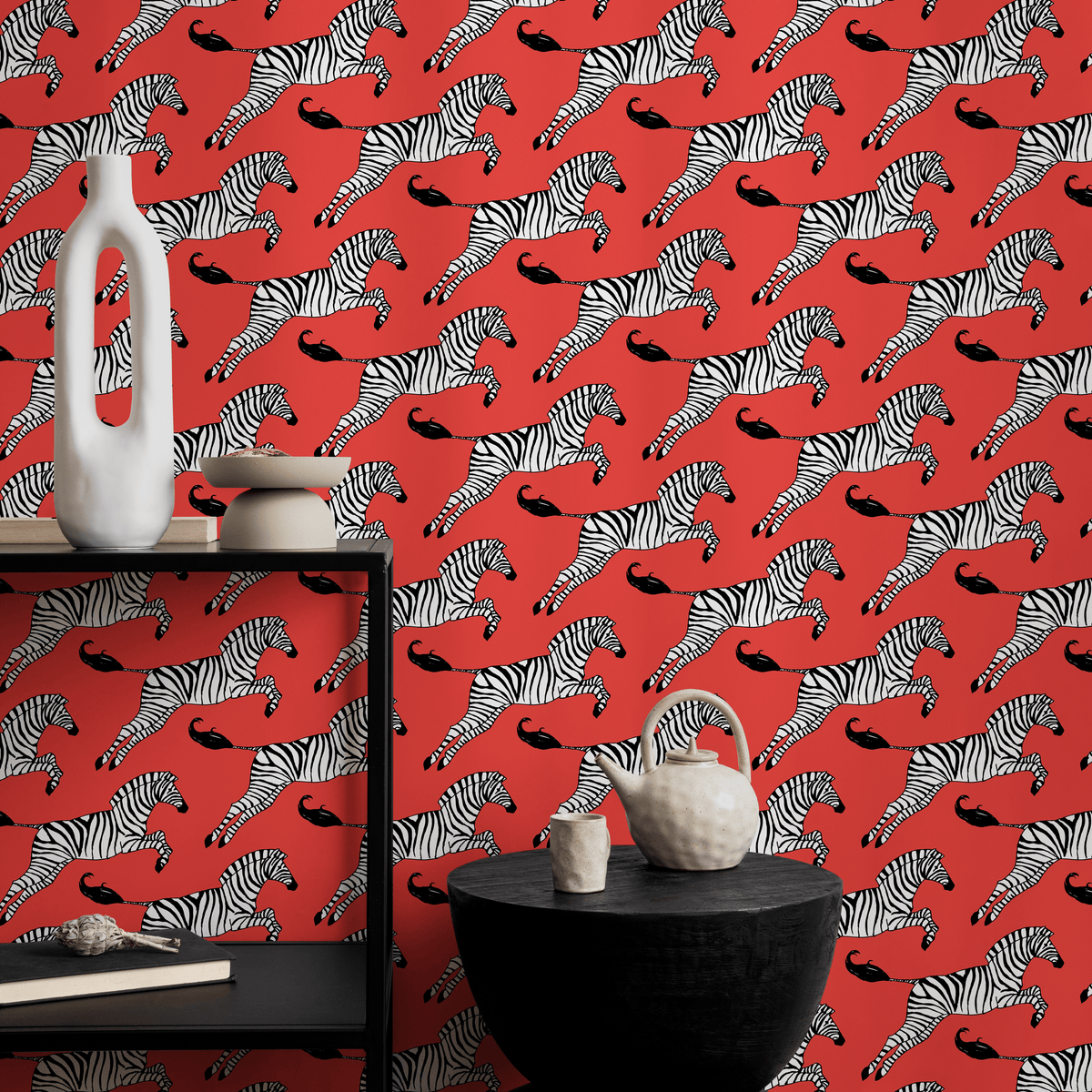 Animal Wallpaper with a Leaping Zebra Motif in Red, Black, and White - detail view