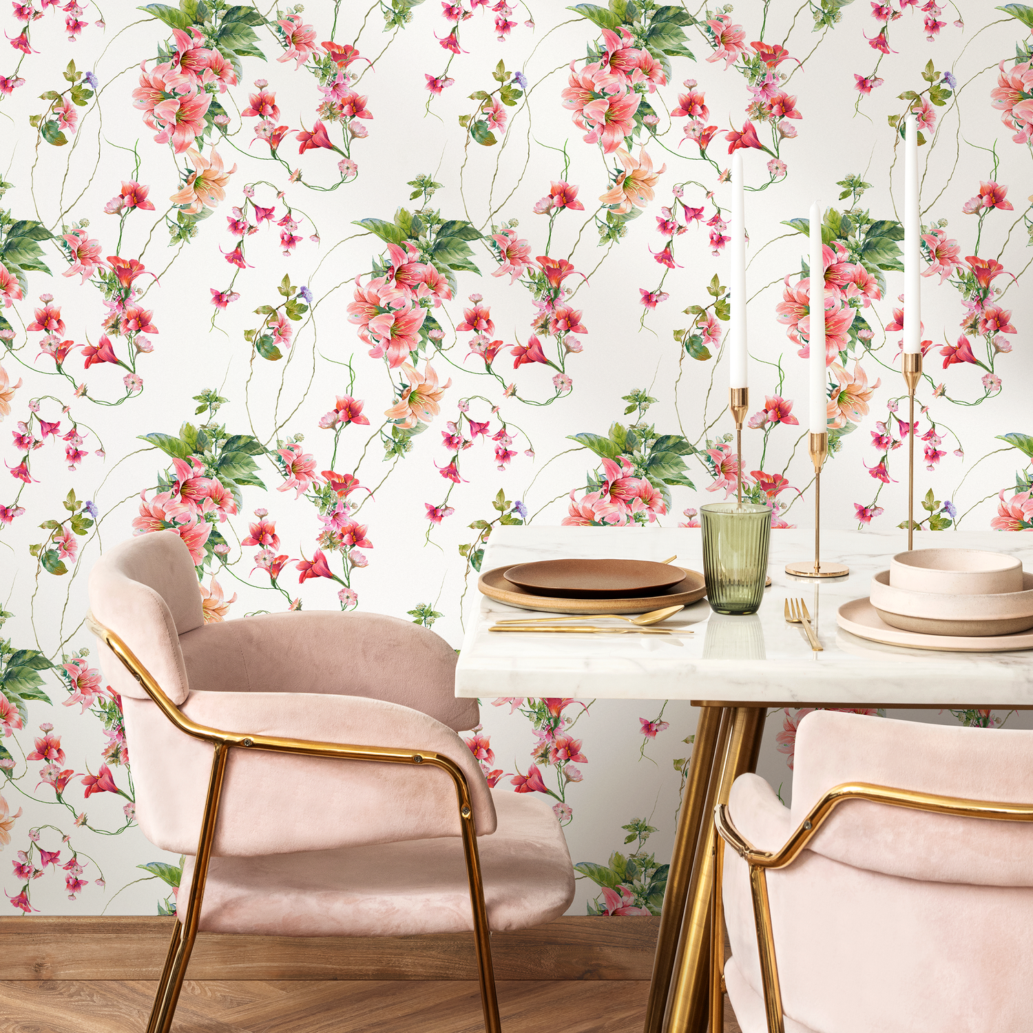 Floral Wallpaper with Trailing Sweet Pea Vines in Pink, Red, and Green - A060