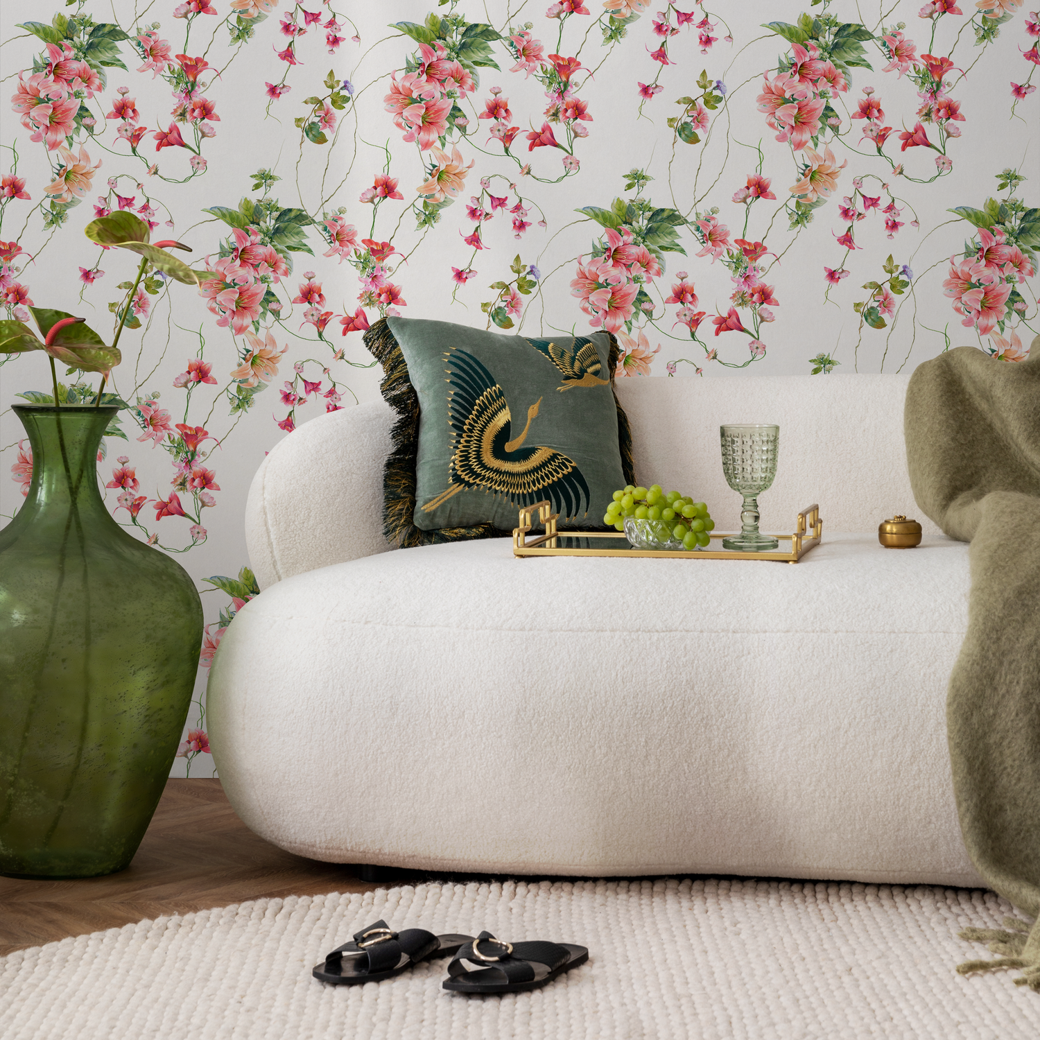 Floral Wallpaper with Trailing Sweet Pea Vines in Pink, Red, and Green - A060