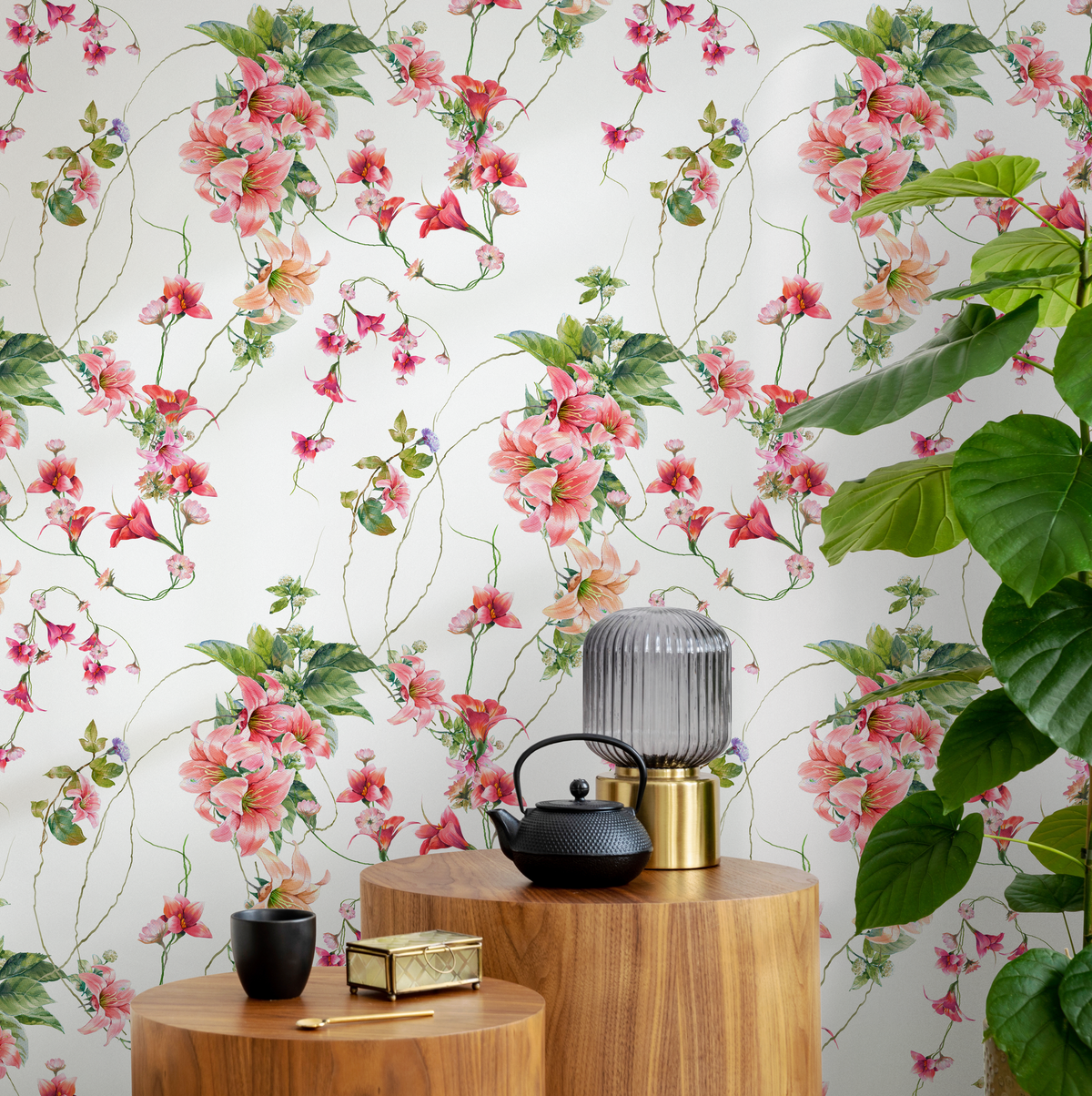 Floral Wallpaper with Trailing Sweet Pea Vines in Pink, Red, and Green - detail view