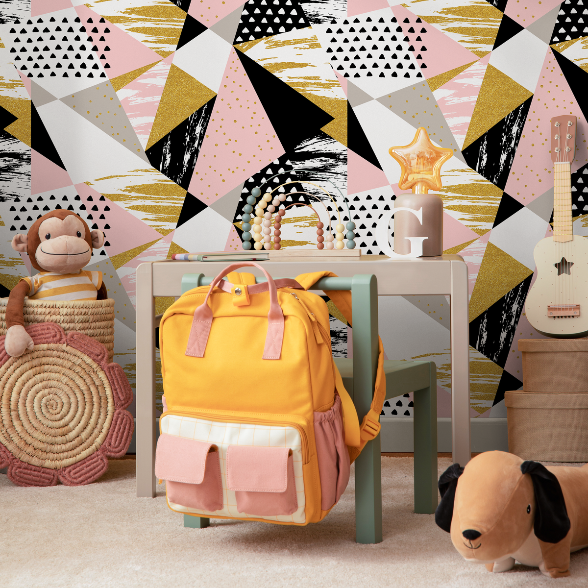 Textured Geometric Wallpaper - Abstract Triangle Collage - Pink, Gold & Black - detail view