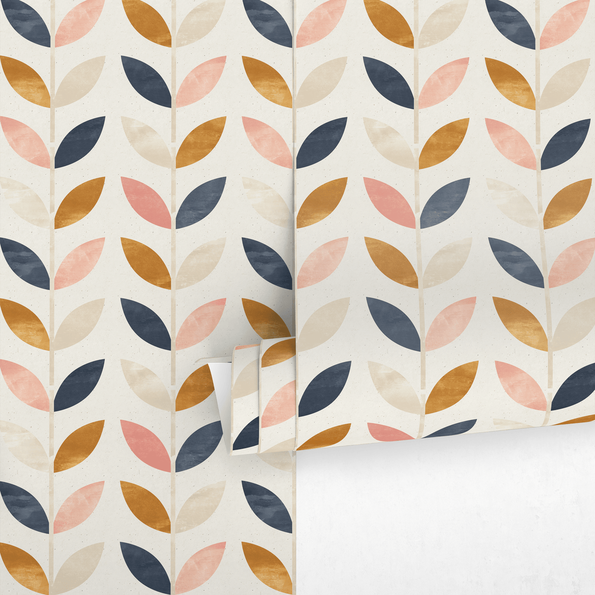 Midcentury Wallpaper Featuring Stylized Leaves in Navy, Pink, and Ochre - detail view