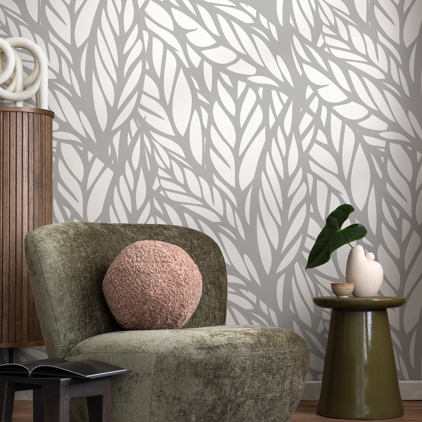Wallpaper Peel and Stick Wallpaper Removable Wallpaper Home Decor Wall Art Wall Decor Room Decor / Gray Modern Leaves Wallpaper - A097