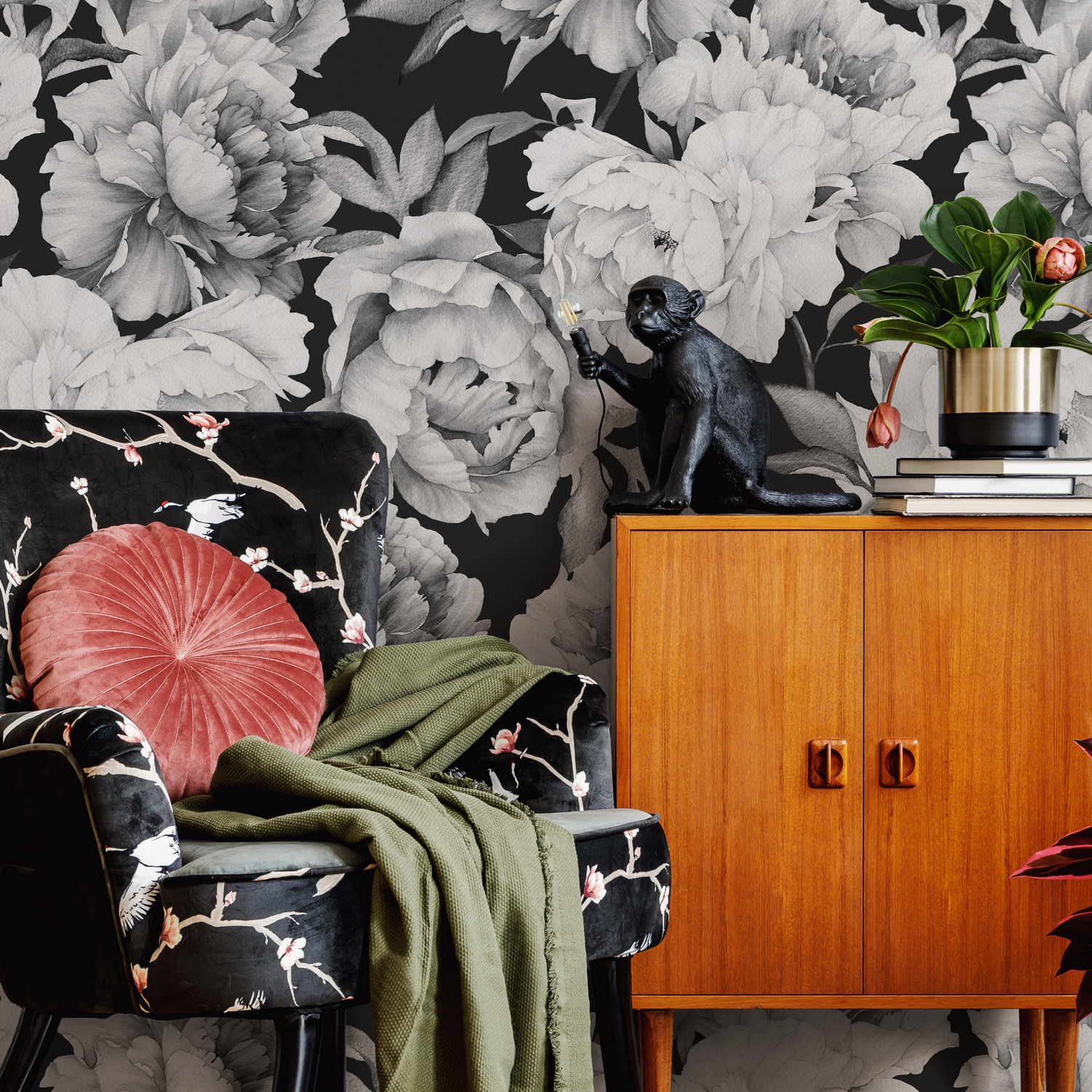 Papel pintado vintage de peonías en blanco y negro, autoadhesivo y tradicional - A171
