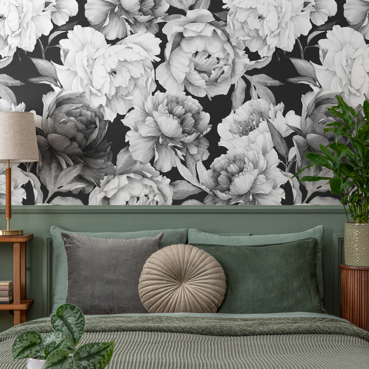 Floral Wallpaper with a Vintage Peony Motif in Black and White - detail view