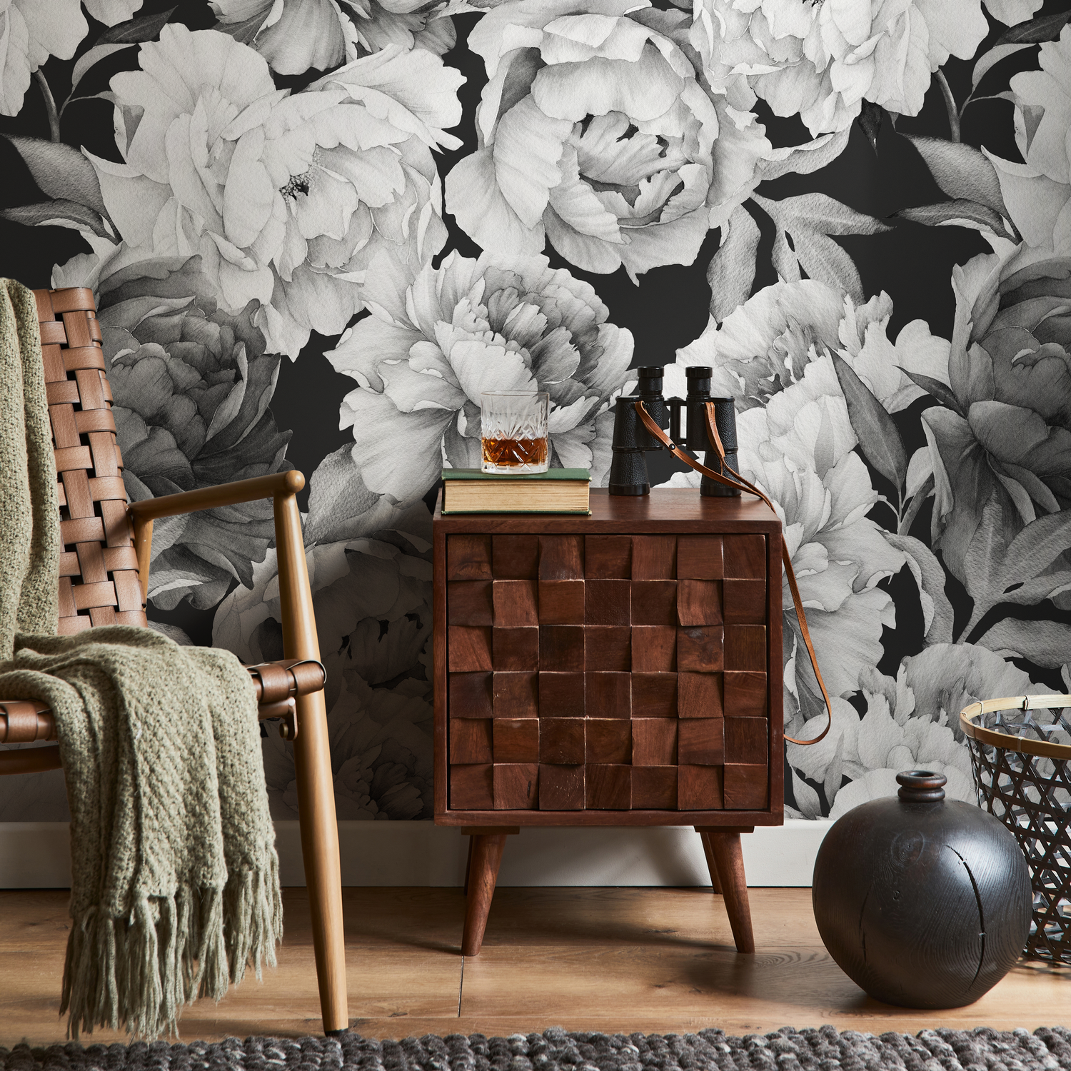 Papel pintado vintage de peonías en blanco y negro, autoadhesivo y tradicional - A171