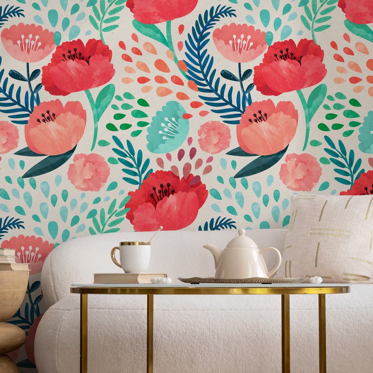 Floral Wallpaper with Poppies  in Red, Pink, and Blue - detail view