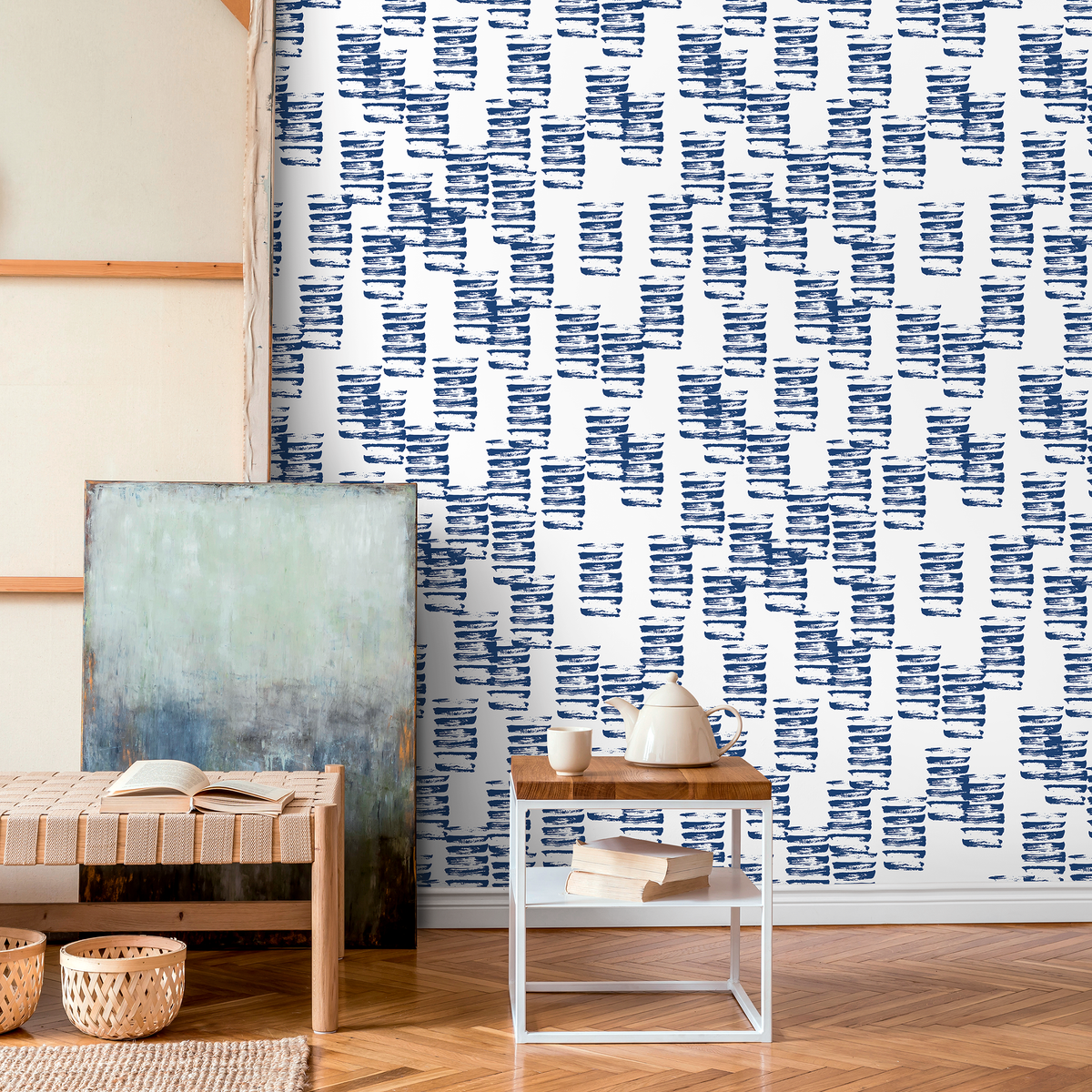 Abstract Wallpaper with Painterly Brush Strokes in Blue - detail view