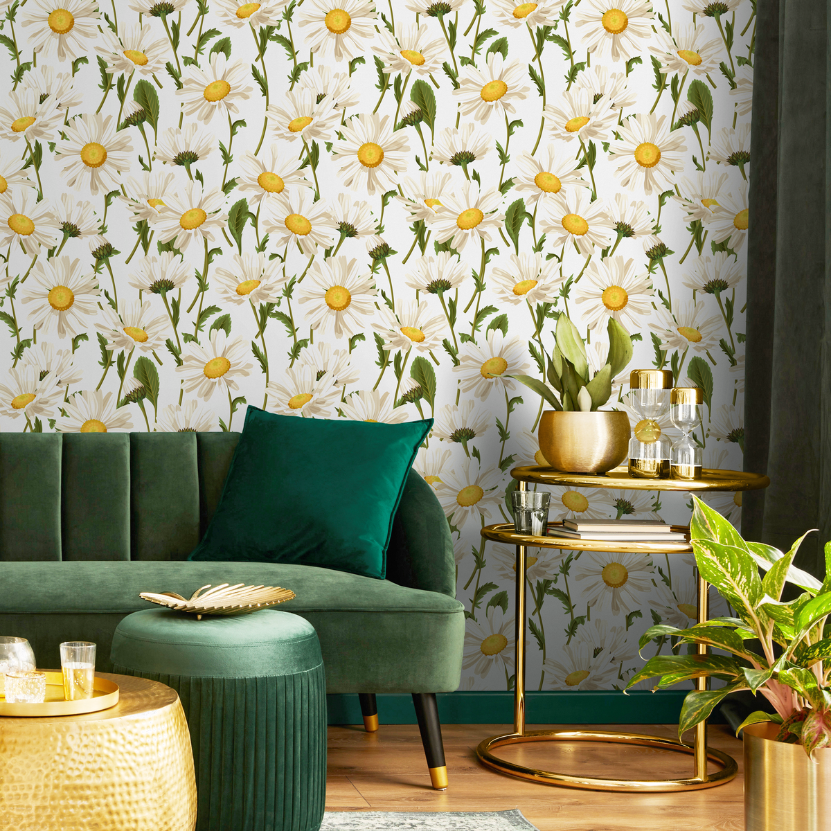 Floral Wallpaper Featuring a Classic Daisy Pattern in White, Yellow, and Green - detail view