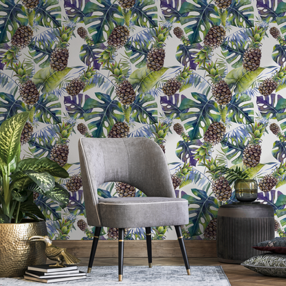 Wallpaper Peel and Stick Wallpaper Removable Wallpaper Home Decor Wall Decor Room Decor / Tropical Monstera and Pineapple Wallpaper - A232
