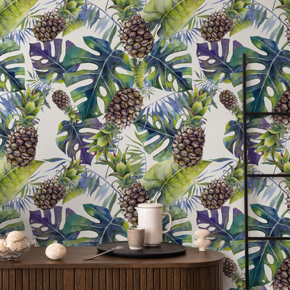 Wallpaper Peel and Stick Wallpaper Removable Wallpaper Home Decor Wall Decor Room Decor / Tropical Monstera and Pineapple Wallpaper - A232