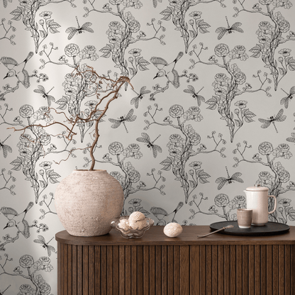 Wallpaper Peel and Stick Wallpaper Removable Wallpaper Home Decor Wall Decor Room Decor / Black and White Chinoiserie Wallpaper - A252
