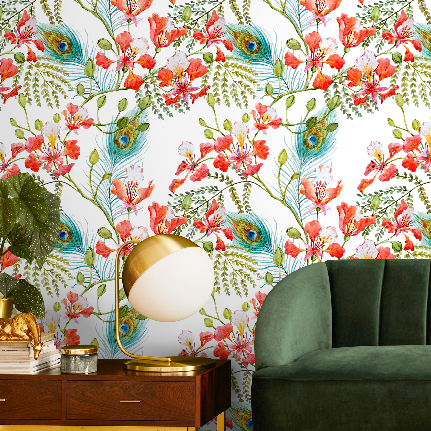 Wallpaper Peel and Stick Wallpaper Removable Wallpaper Home Decor Wall Art Wall Decor Room Decor / Vintage Floral Peacock Wallpaper - A269