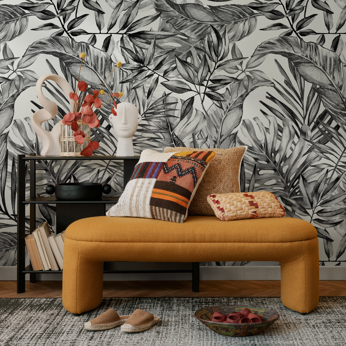 Wallpaper Peel and Stick Wallpaper Removable Wallpaper Home Room Decor / Black and White Monstera Wallpaper Tropical Jungle Wallpaper - A277