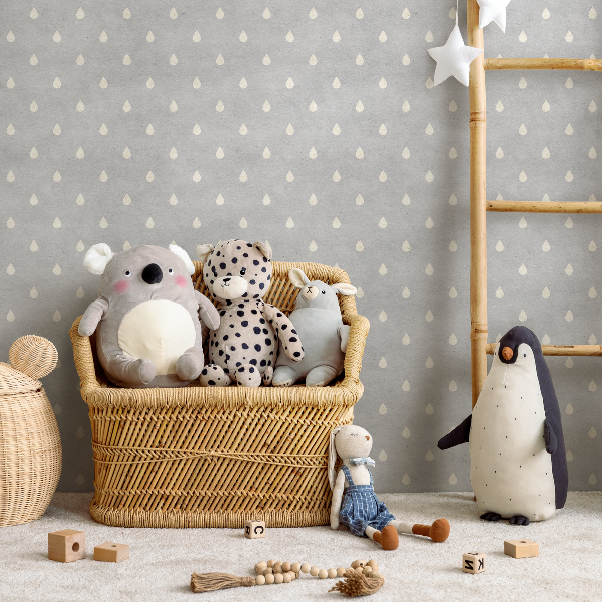 Water Drop Wallpaper with a Minimalist Teardrop Pattern in Gray and Cream - detail view