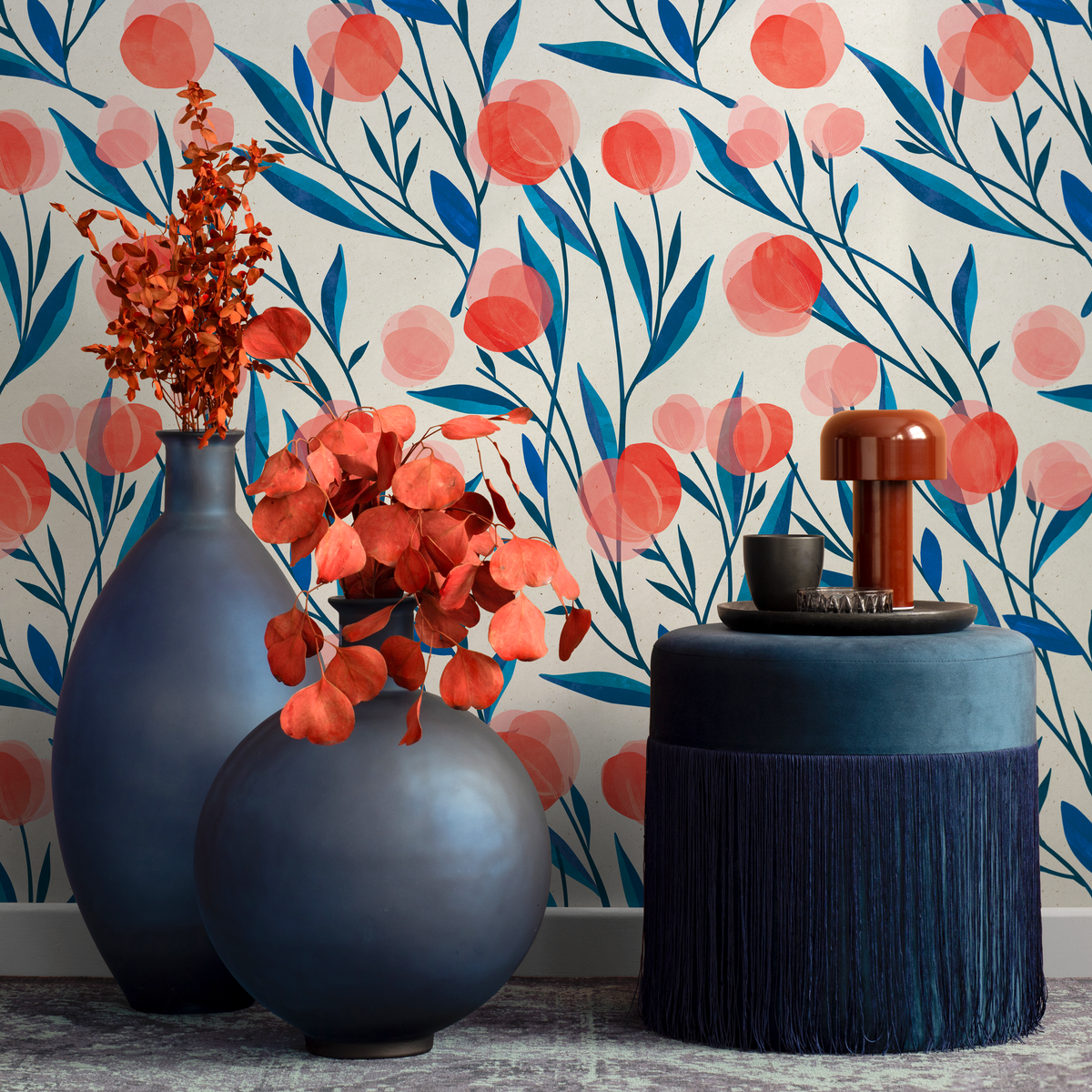 Floral Wallpaper Featuring Stylized Flower Buds in Red and Blue - detail view
