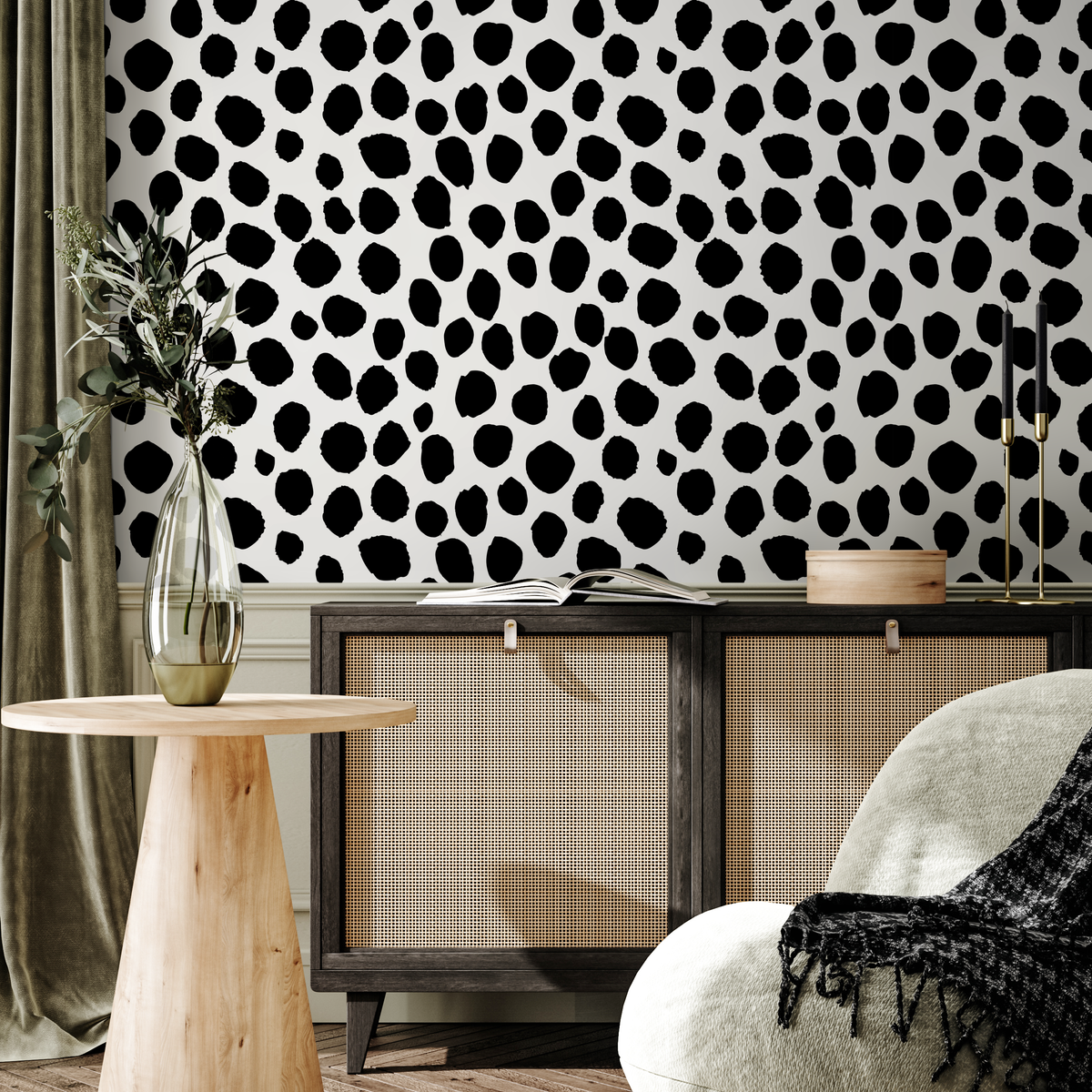 Abstract Wallpaper with an Irregular Dot Motif in Black and White - detail view