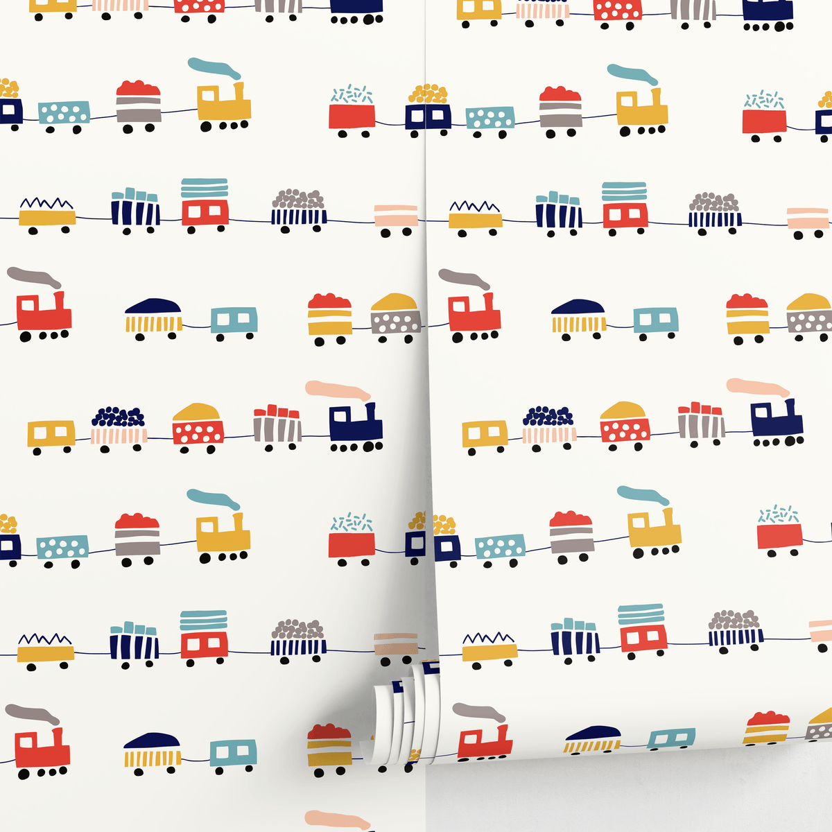 Kids Wallpaper with a Toy Train Motif in Red, Yellow, and Blue - detail view