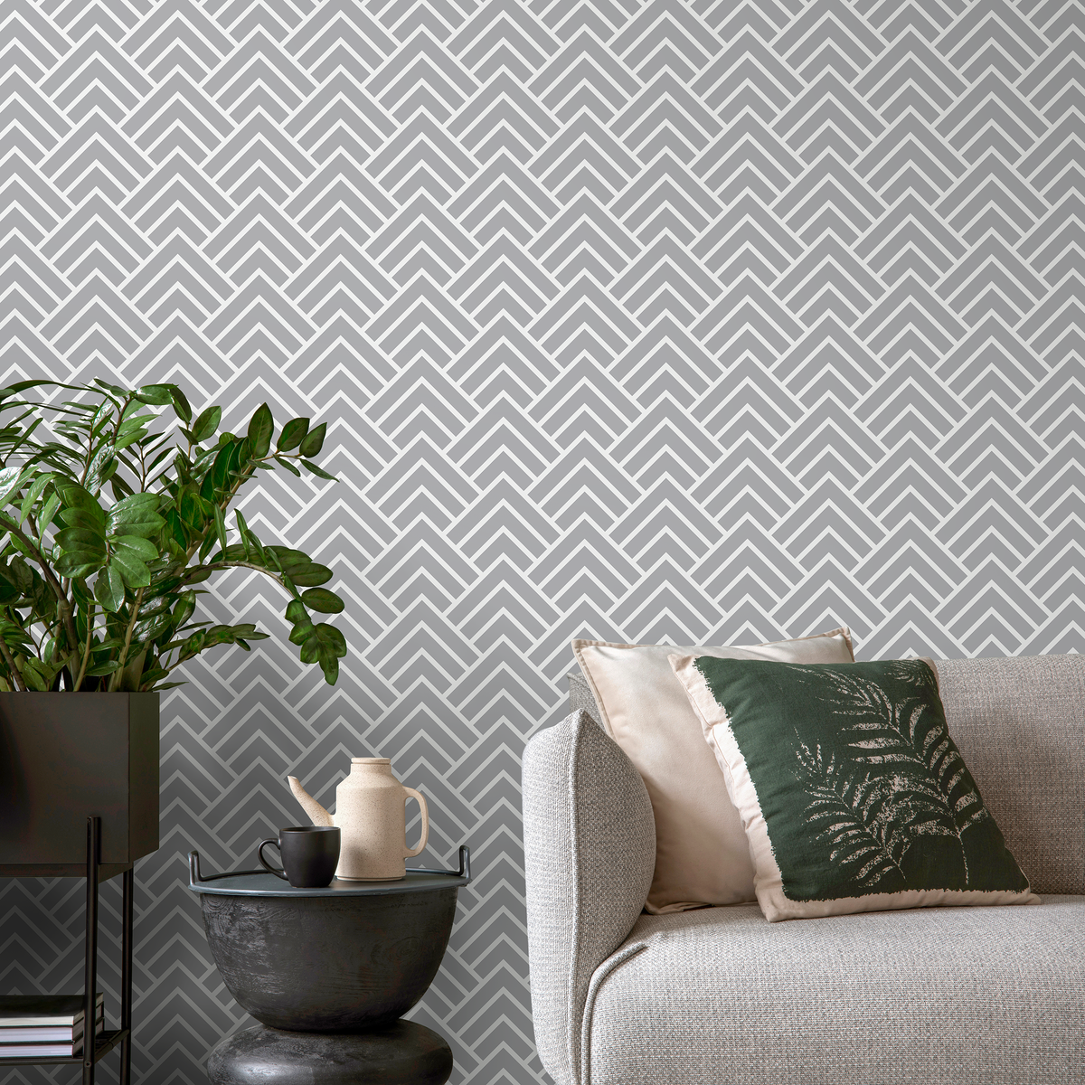 Geometric Wallpaper with a Scandinavian Chevron Motif in Light Gray and White - detail view