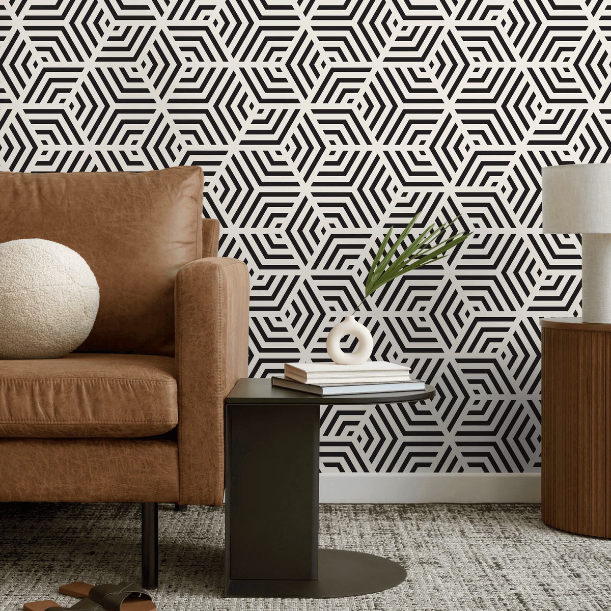 Geometric Wallpaper with a 3D Cube Motif in Black and Off-White - detail view