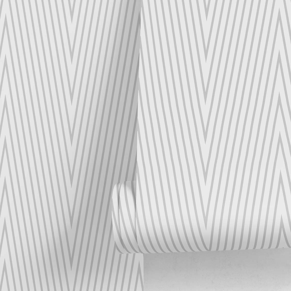 Geometric Wallpaper with a Thin Line Chevron Motif in Gray - detail view