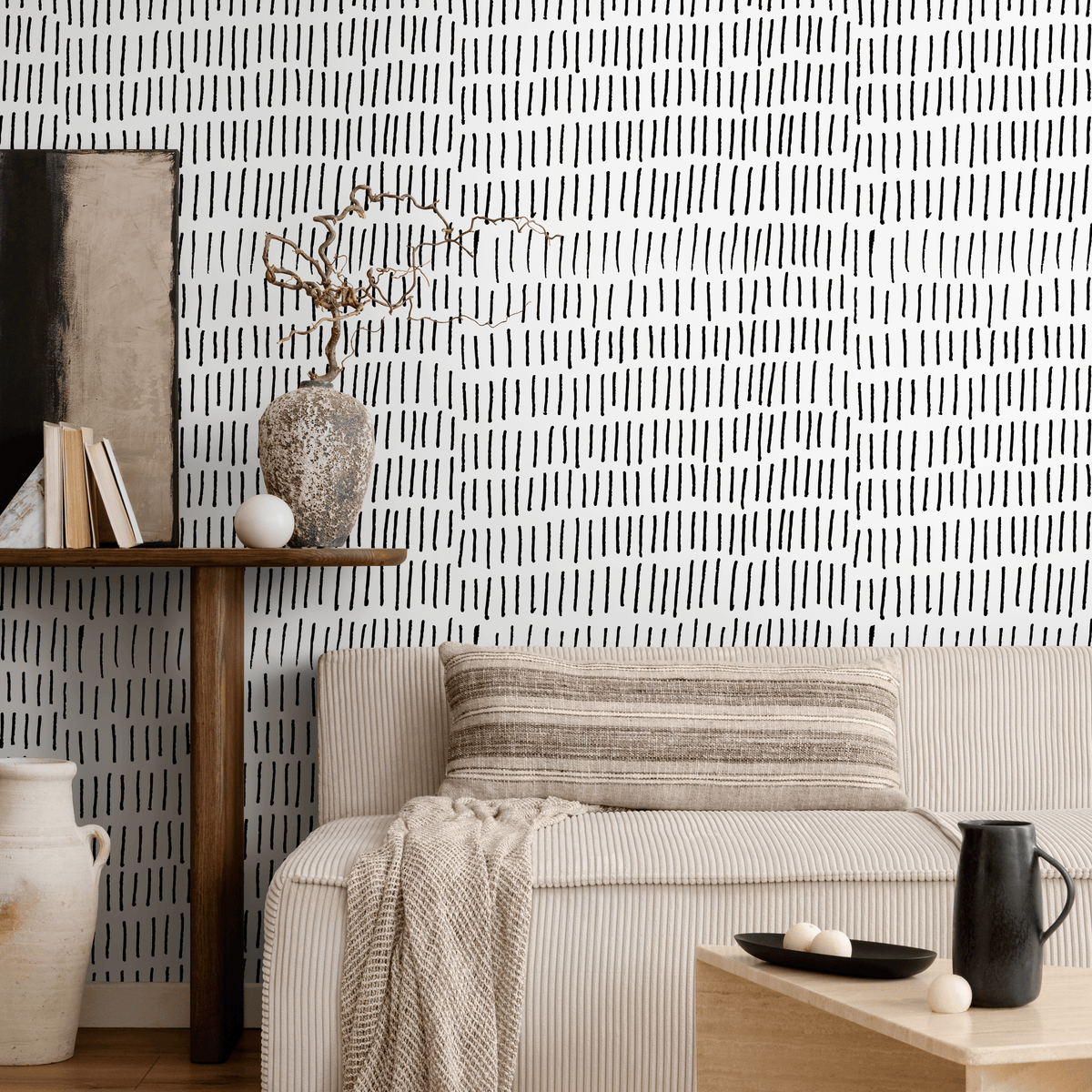 Minimalist Wallpaper with Hand-Drawn Vertical Lines in Black and White - detail view