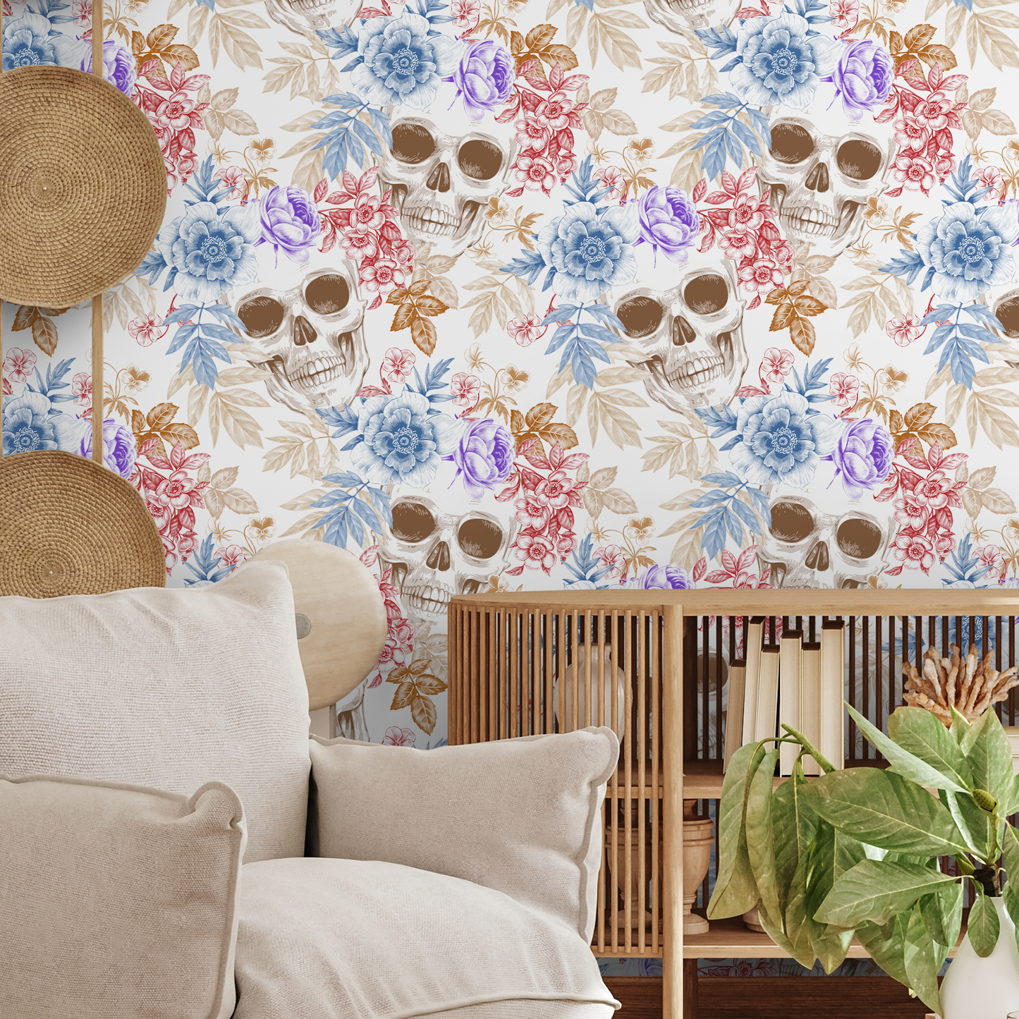 Colorful Tropical Skull Wallpaper Floral Gothic Wallpaper Peel and Stick and Traditional Wallpaper - A364