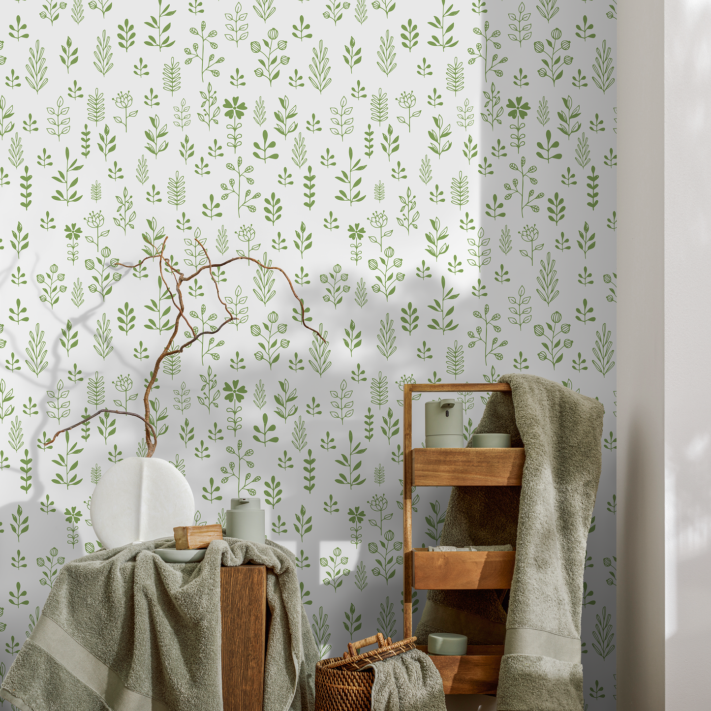 Green Minimalist Leaf Wallpaper Boho Plant Wallpaper Peel and Stick and Traditional Wallpaper - A365