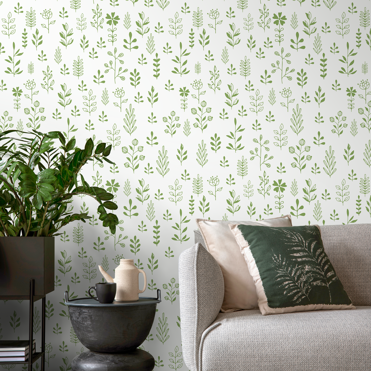 Botanical Wallpaper with Hand-Drawn Sprigs in Green - A365