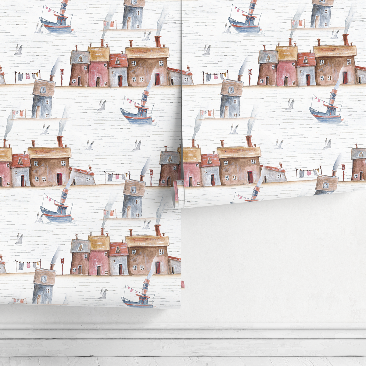 Nautical Wallpaper with a Watercolor Seaside Village in Brown, Red, and Blue - detail view