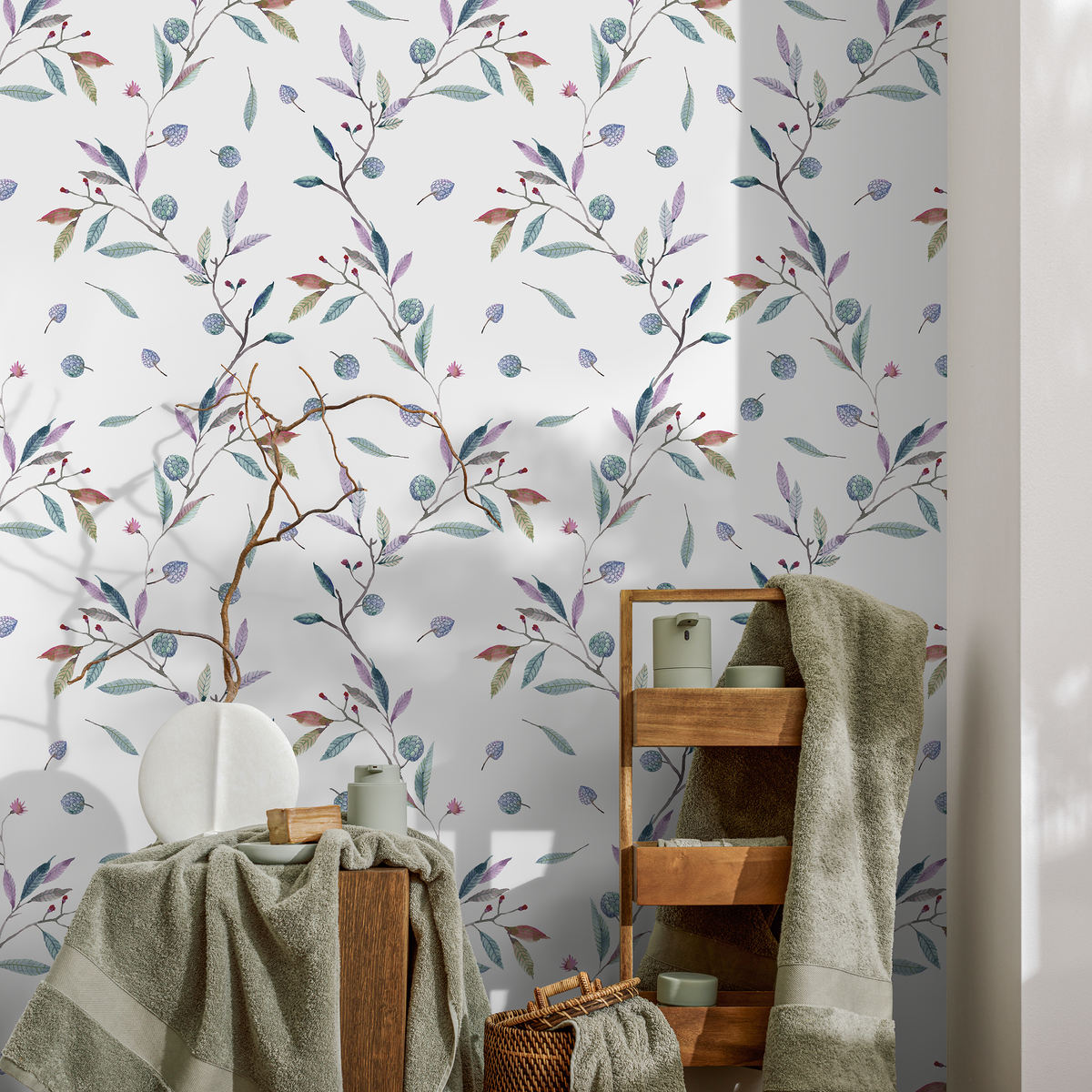 Botanical Wallpaper with Watercolor Berry Branches in Blue, Purple, and Red - detail view