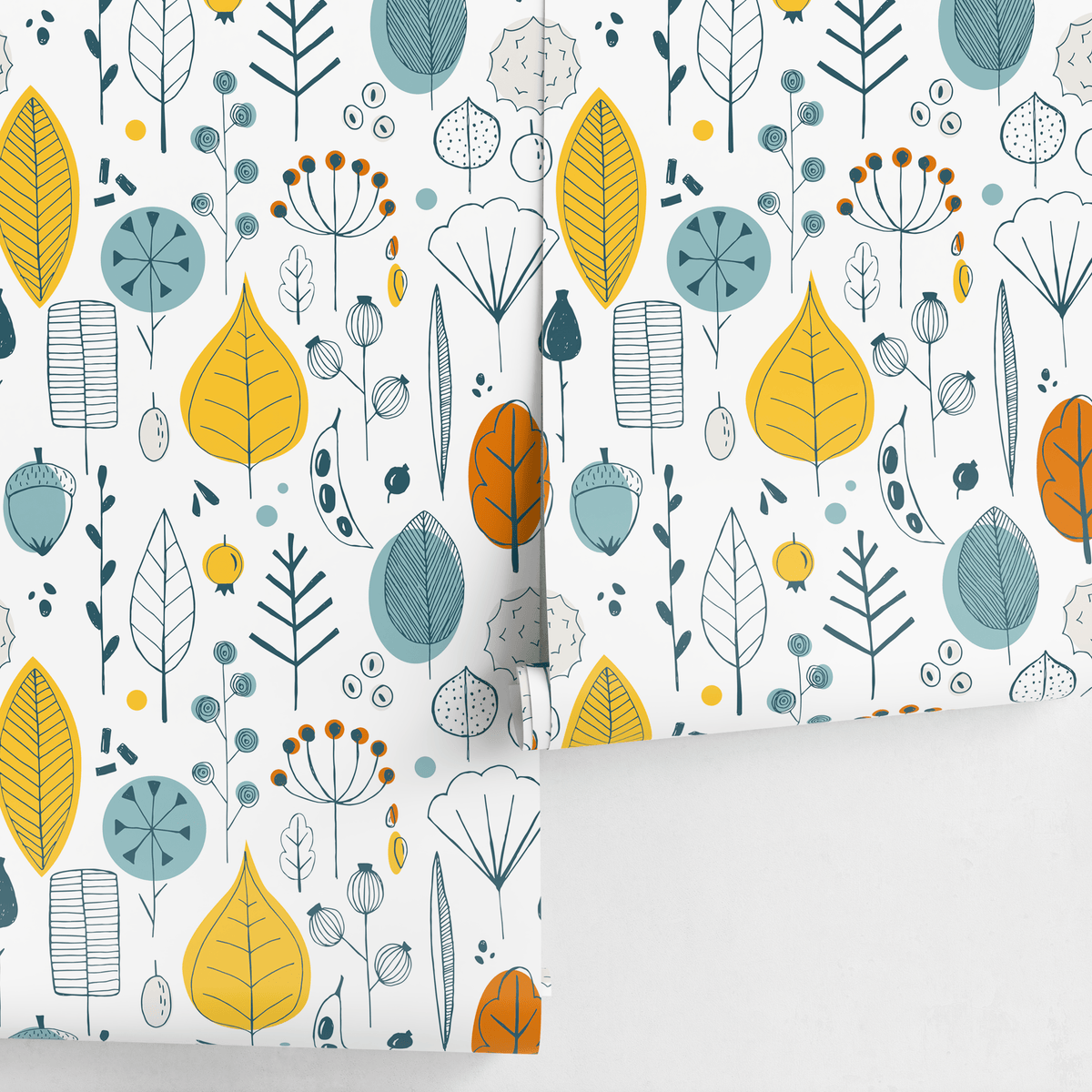 Botanical Wallpaper with a Woodland Motif in Teal, Yellow, and Orange - detail view