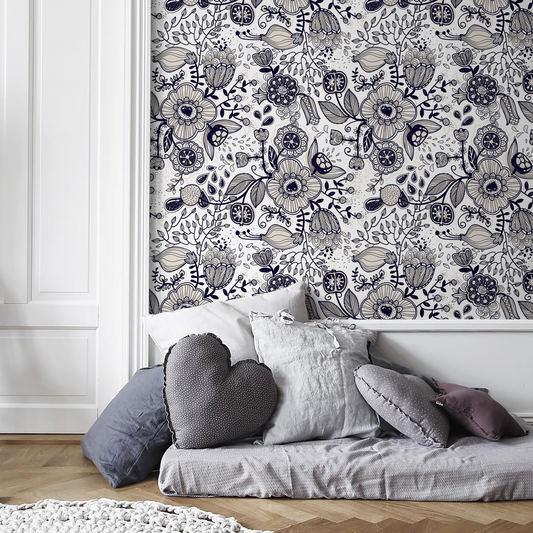 Floral Drawing Wallpaper Boho Wallpaper Peel and Stick and Traditional Wallpaper - A406
