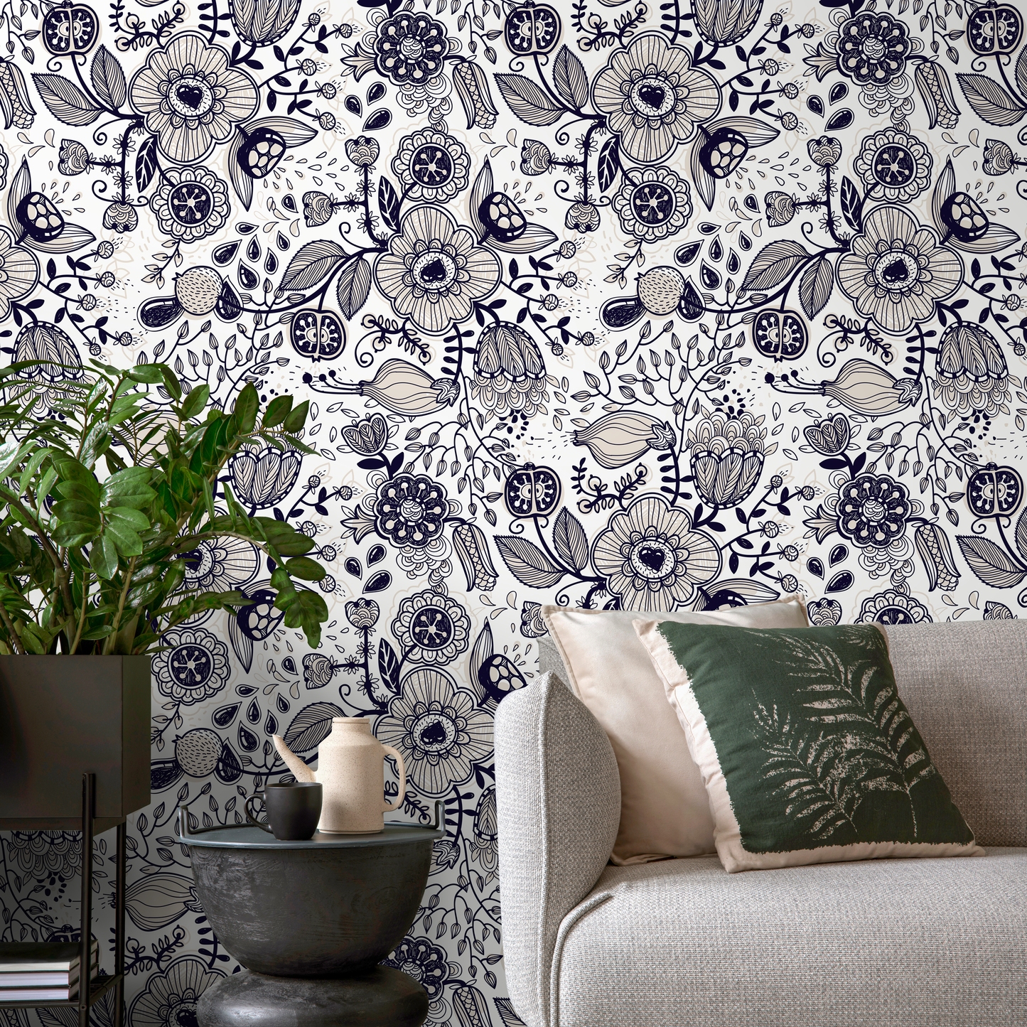 Floral Drawing Wallpaper Boho Wallpaper Peel and Stick and Traditional Wallpaper - A406